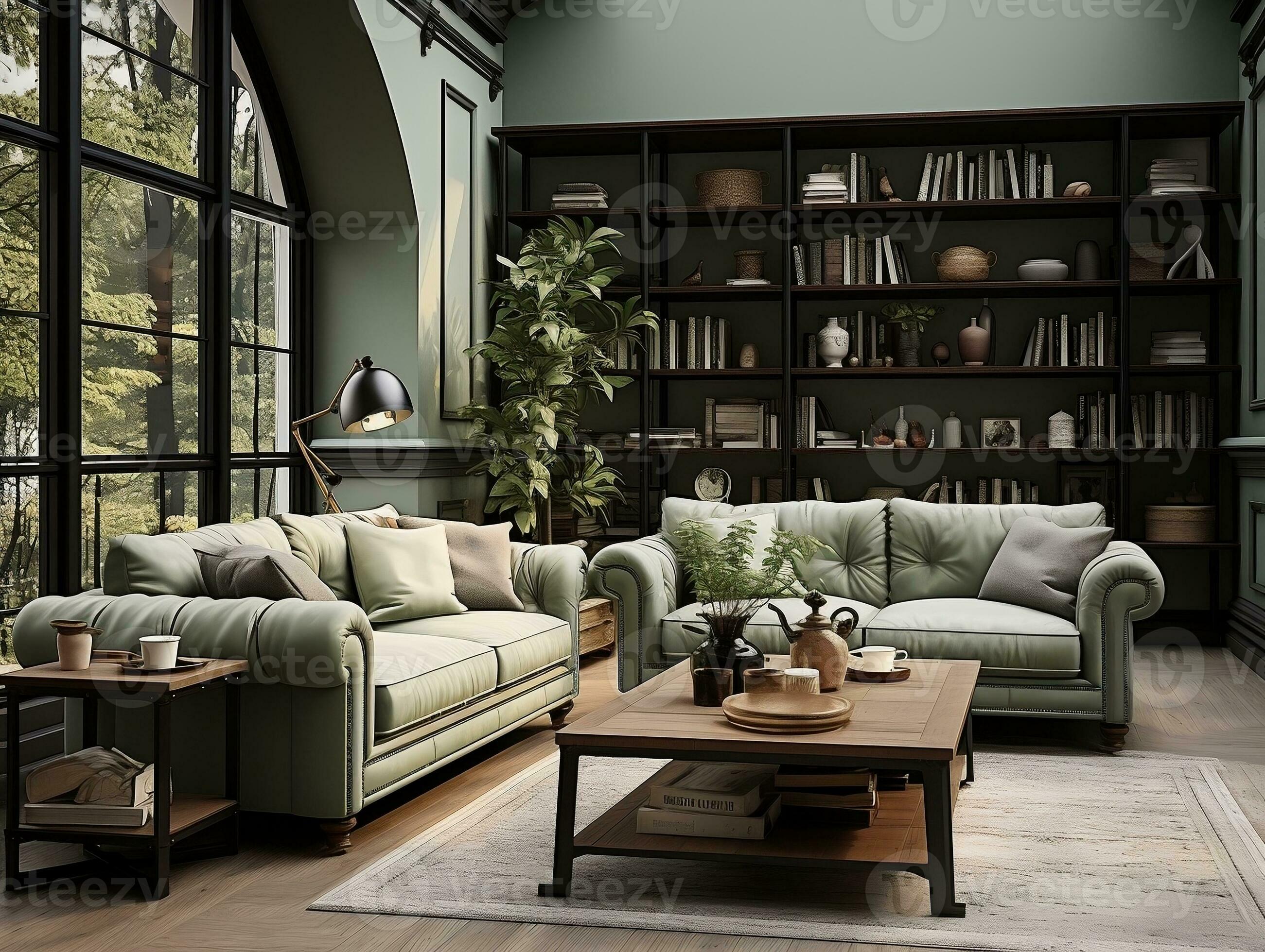 Light green and dark gray living room with many furnitures AI