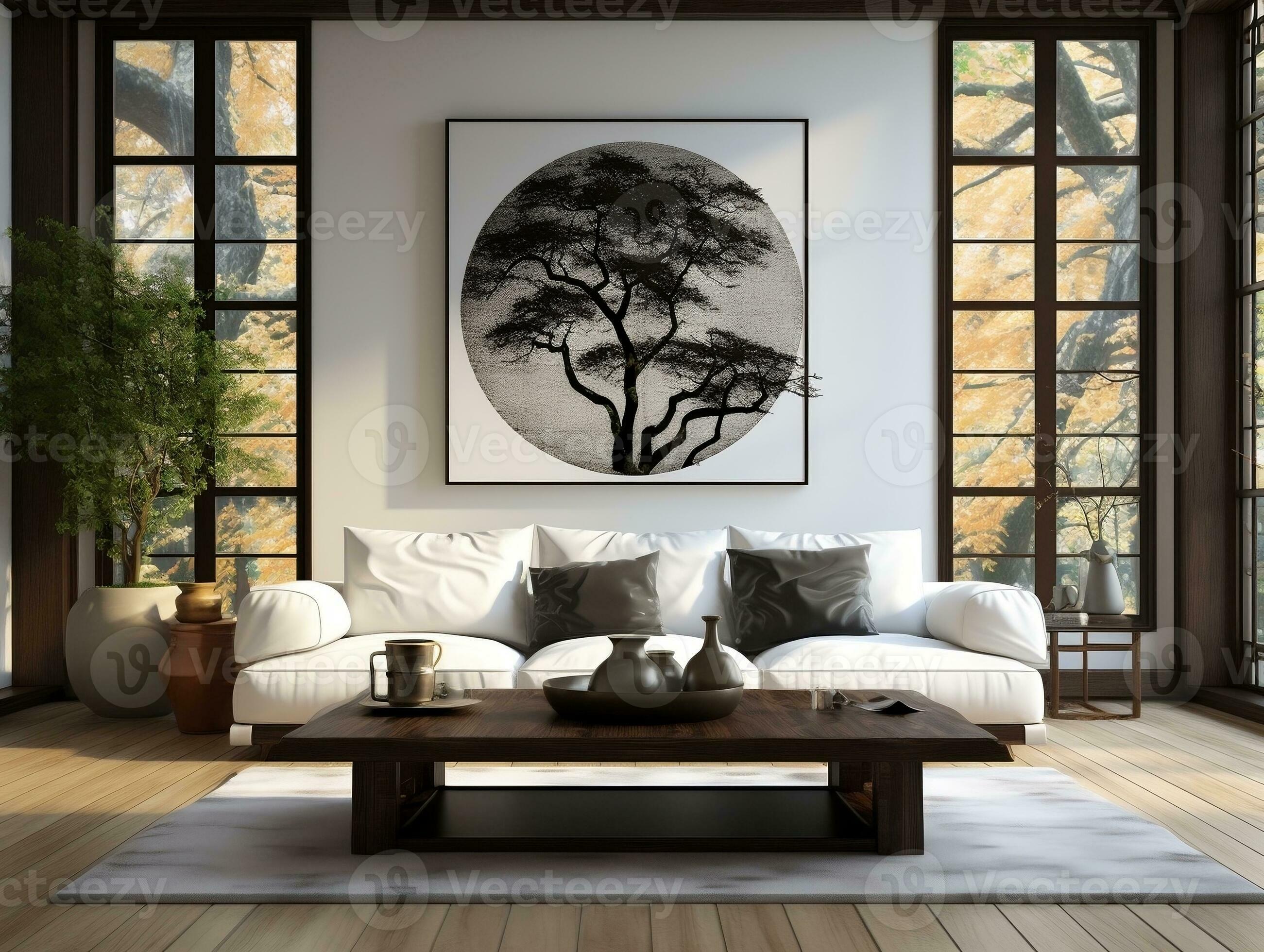 Minimalist black and white hardwood floors living room with white