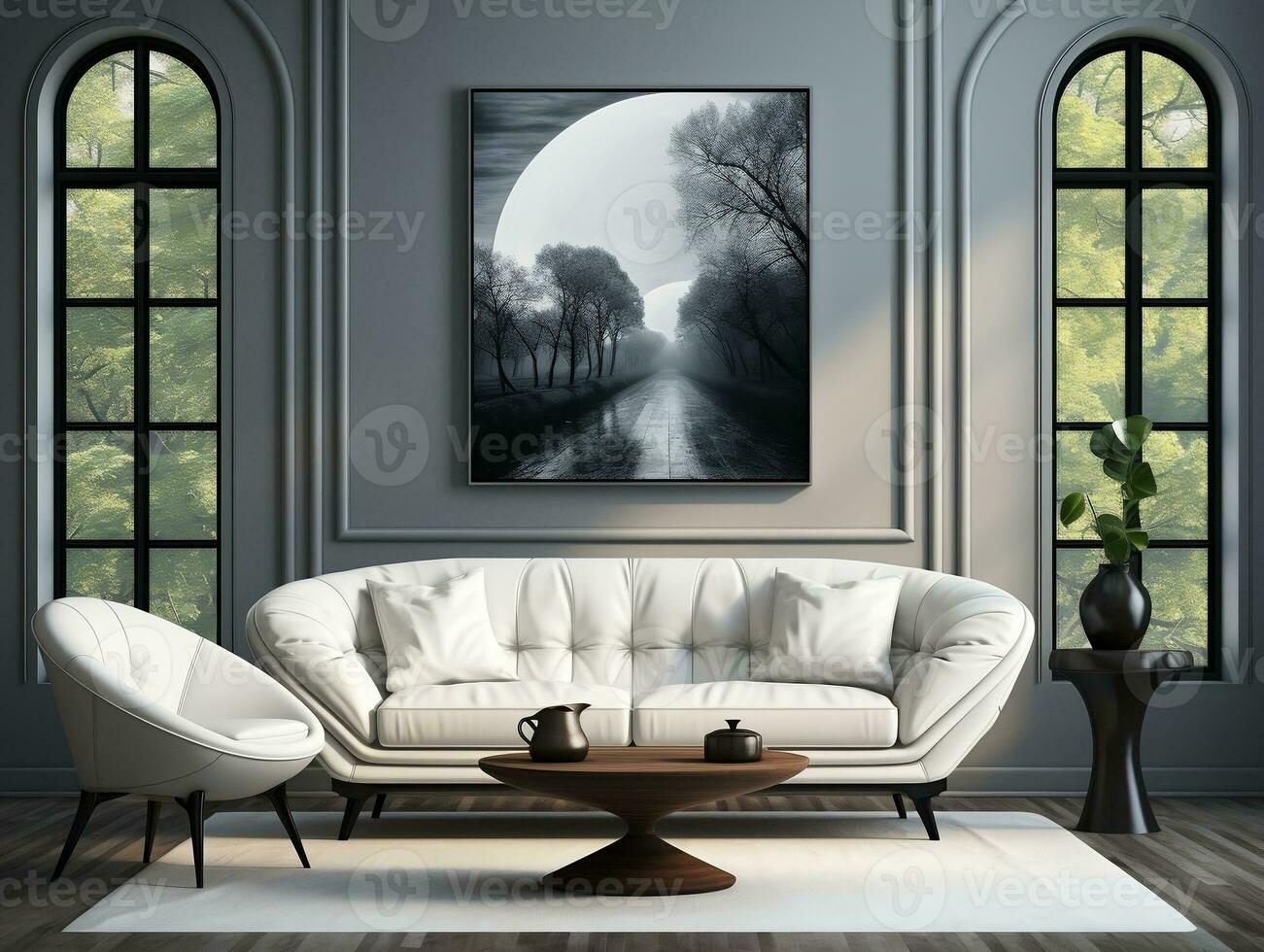 Modern living room with white wall and white sofa AI Generative photo