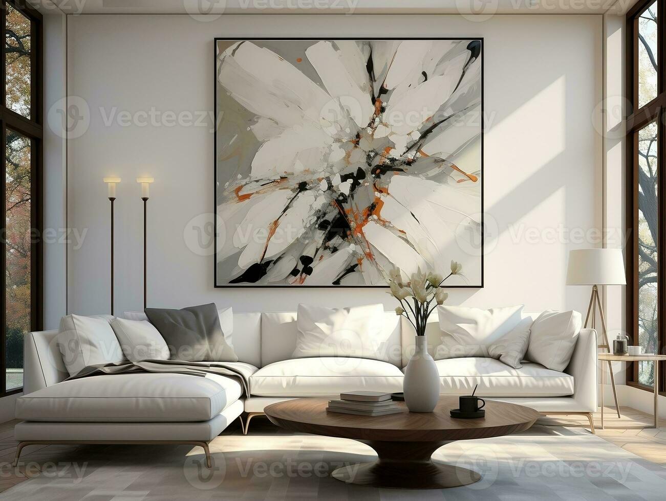 Modern living room with white wall and white sofa AI Generative photo