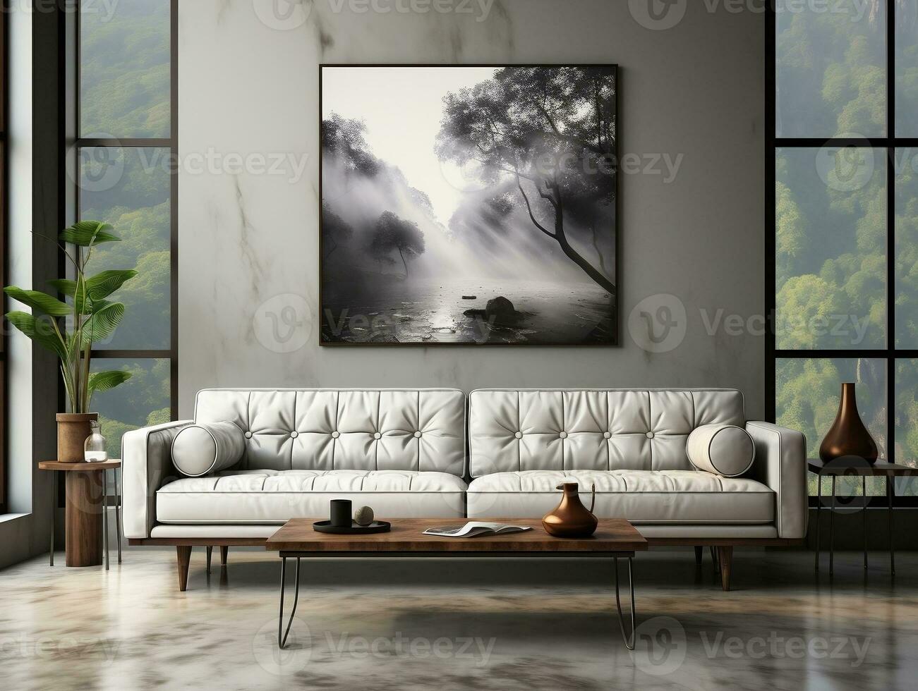 Modern living room with white wall and white sofa AI Generative photo
