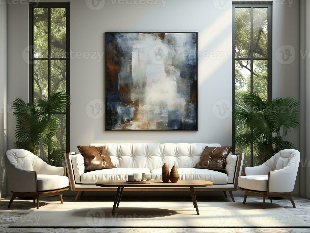 Modern living room with white wall and white sofa AI Generative photo