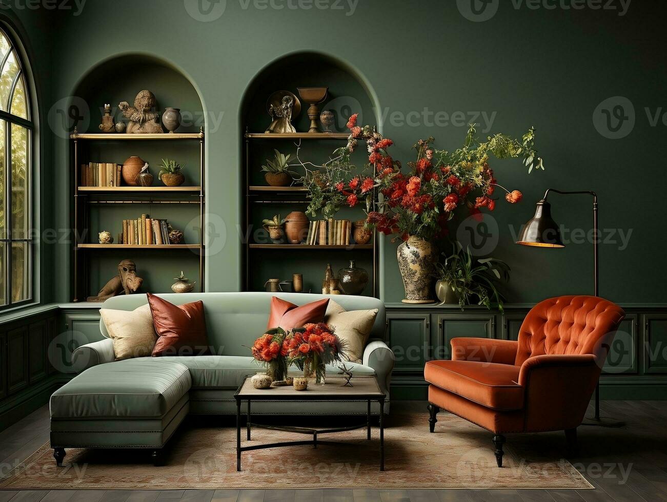 A green room with many different elements AI Generative photo