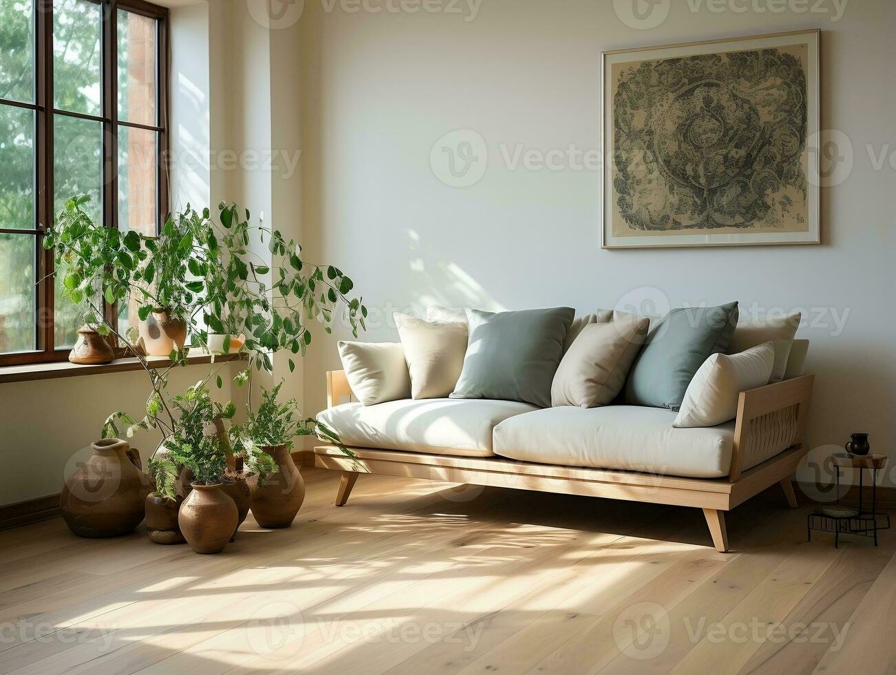 Minimalist wooden floor living room with sofa and green small
