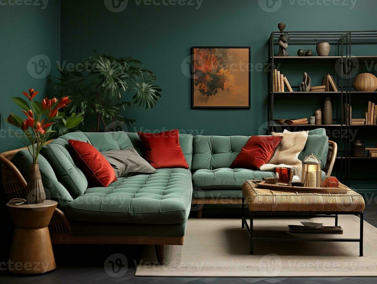 A green room with many different elements AI Generative photo
