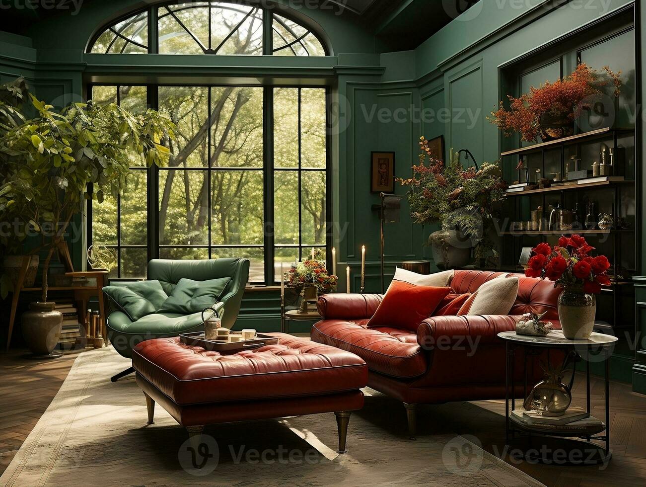 A green room with many different elements AI Generative photo