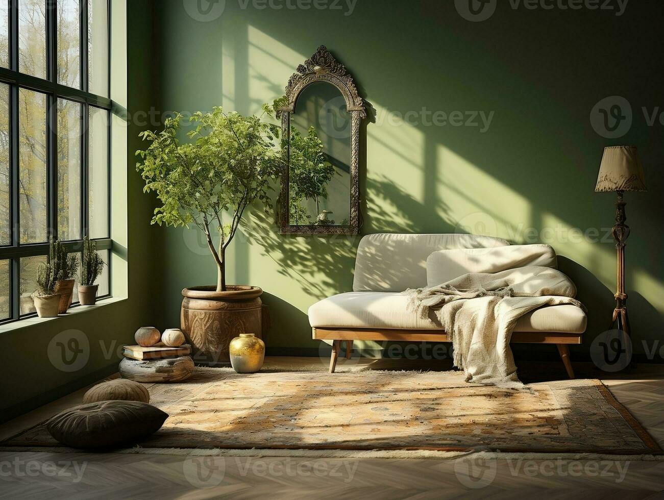 Modern light green living room with green plants and a big mirror AI Generative photo