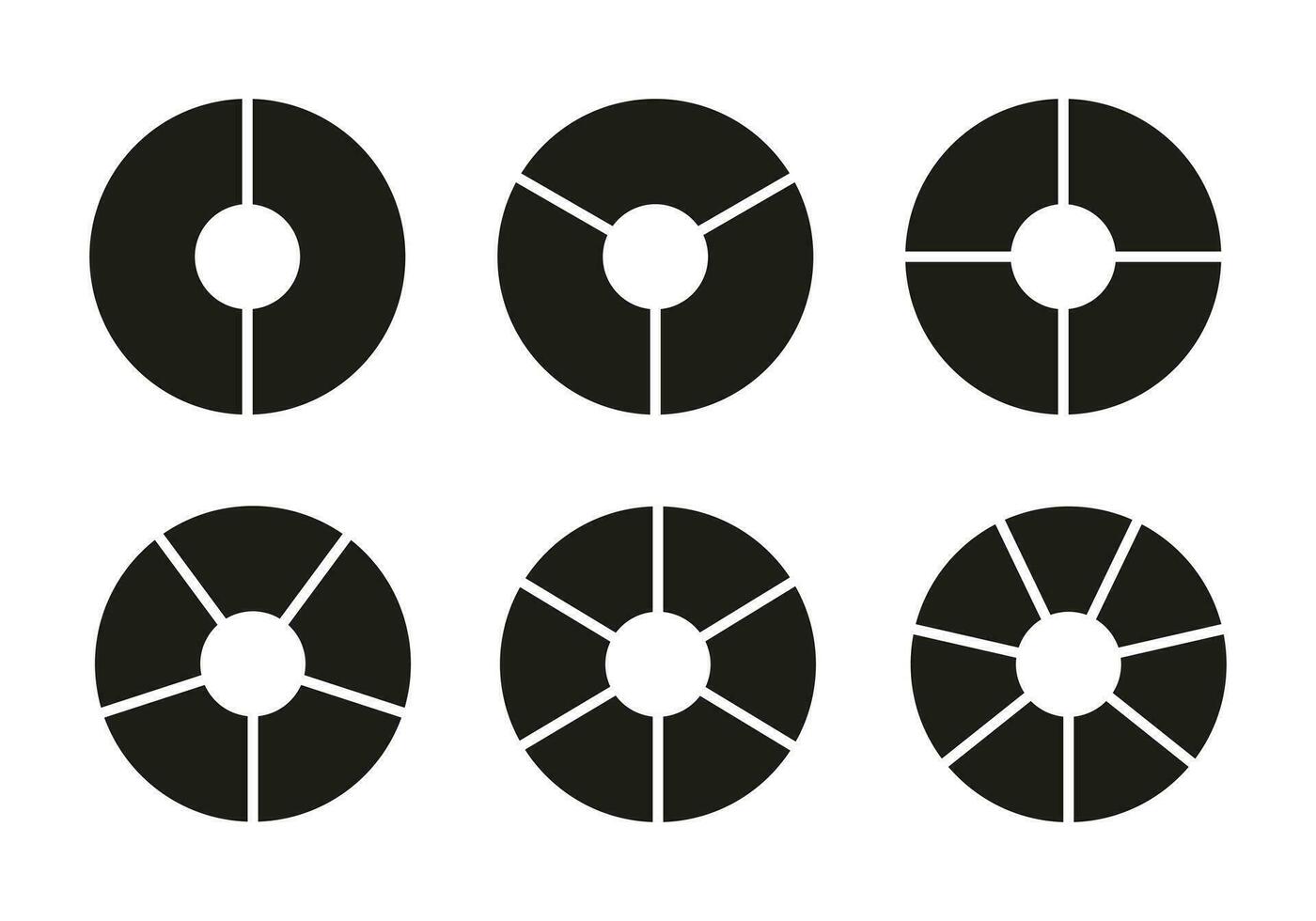 Circle division on 2, 3, 4, 5, 6, 7 equal parts. Wheel round divided diagrams with two, three, four, five, six, seven segments. Infographic set. Donut charts, pies segmented on equal parts. vector