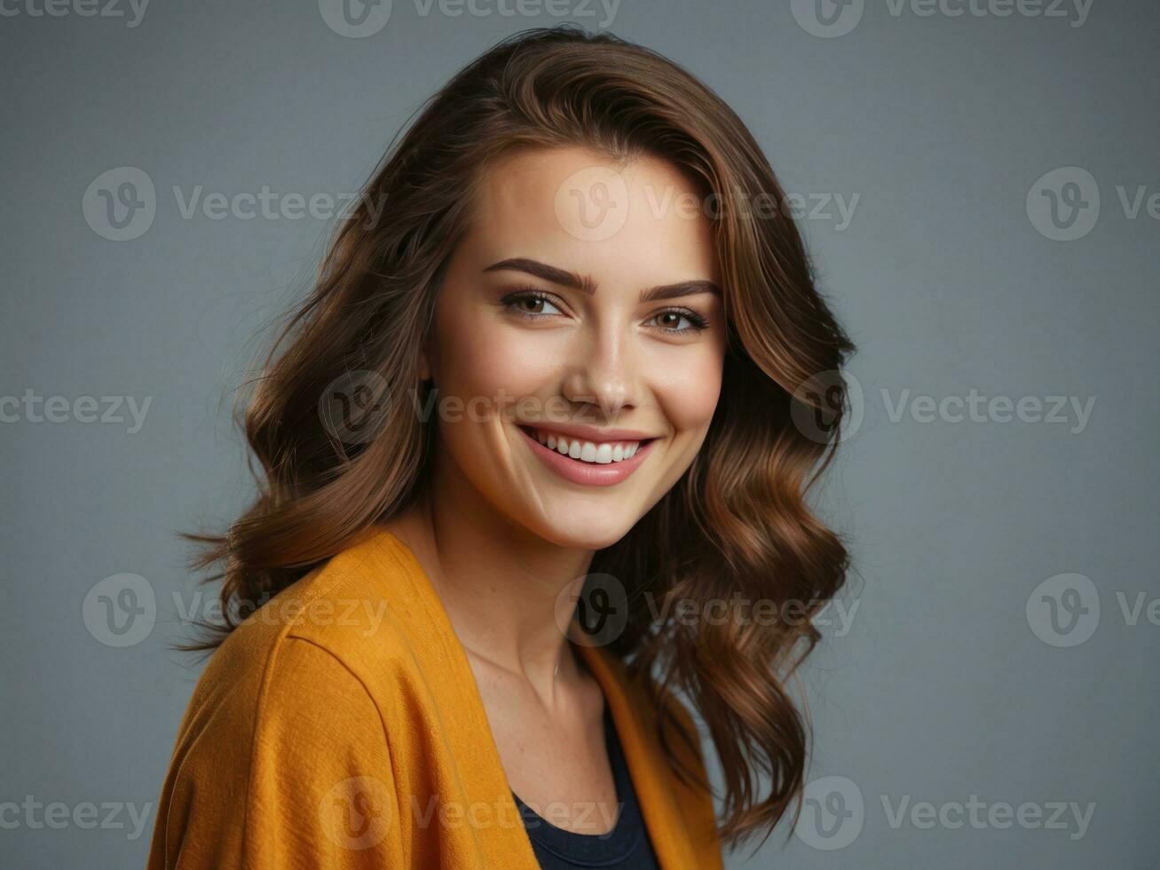 retrato de hermosa sonriente mujer en gris antecedentes generativo ai foto