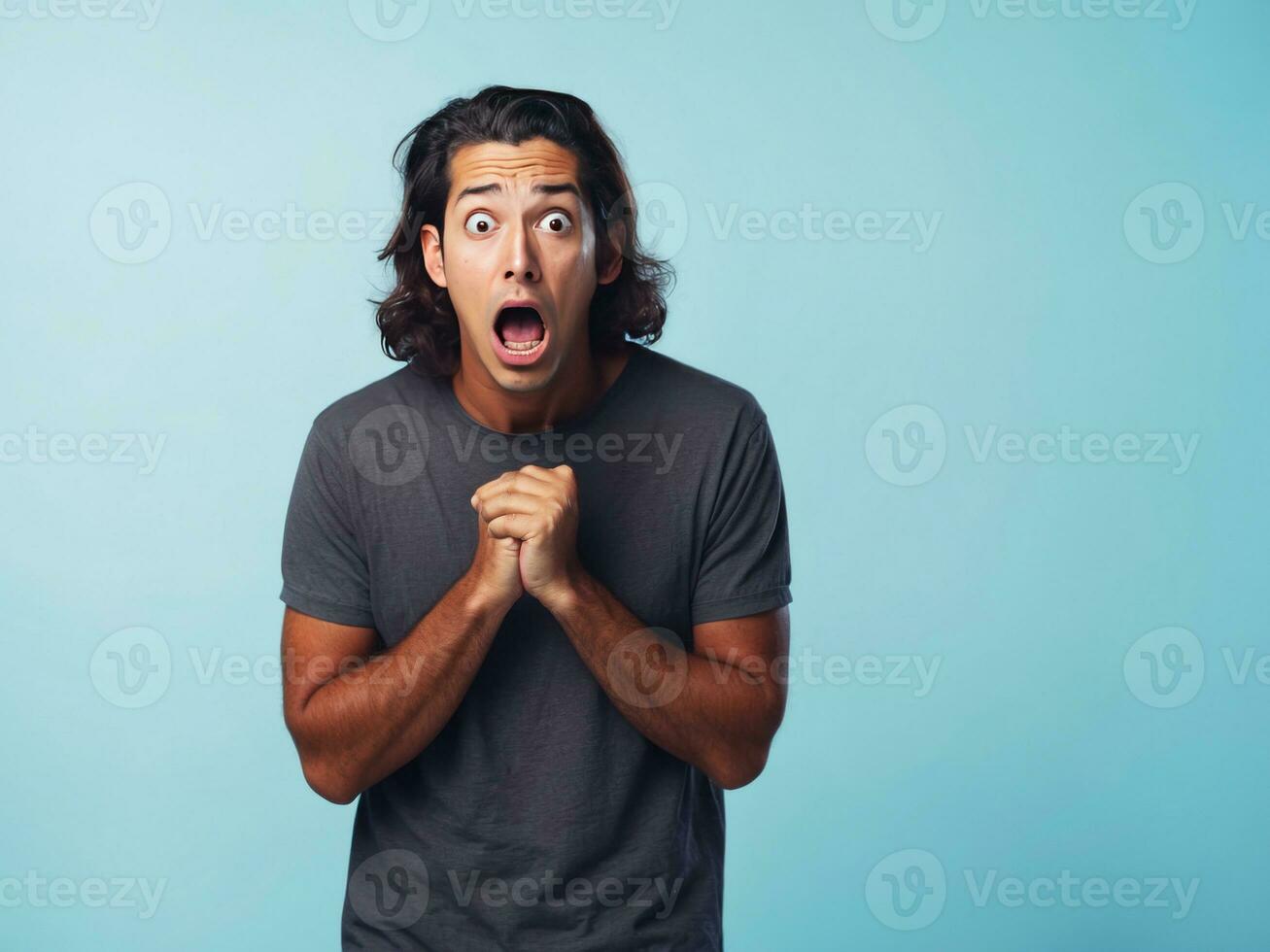 shocking reaction of man on blue background generative ai photo