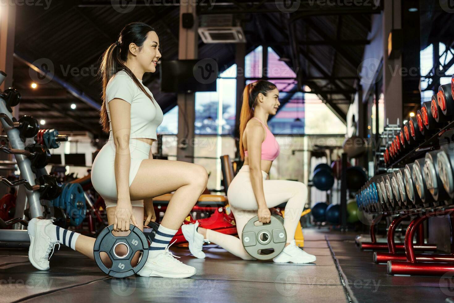 dos joven asiático mujer haciendo ejercicios con pesado pesos platos en gimnasia. foto