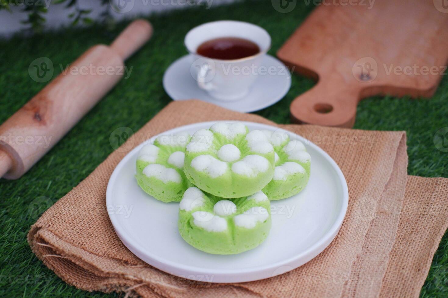 Kue Putu Ayu, a traditional Indonesian snack made from rice flour, pandan leaves, grated coconut then steamed. photo