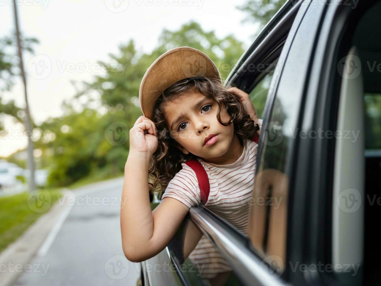 kid looking out of the window of car generative ai photo