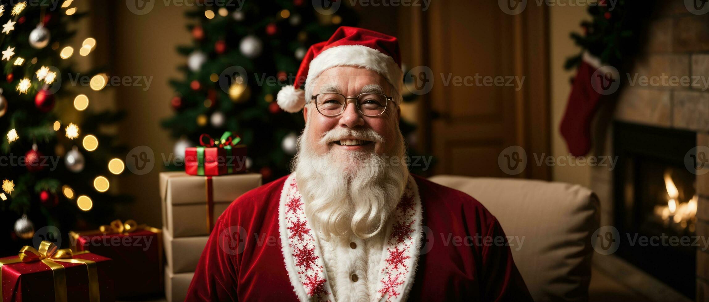 santa smiling in christmas with gifts and xmas tree, ai generated photo