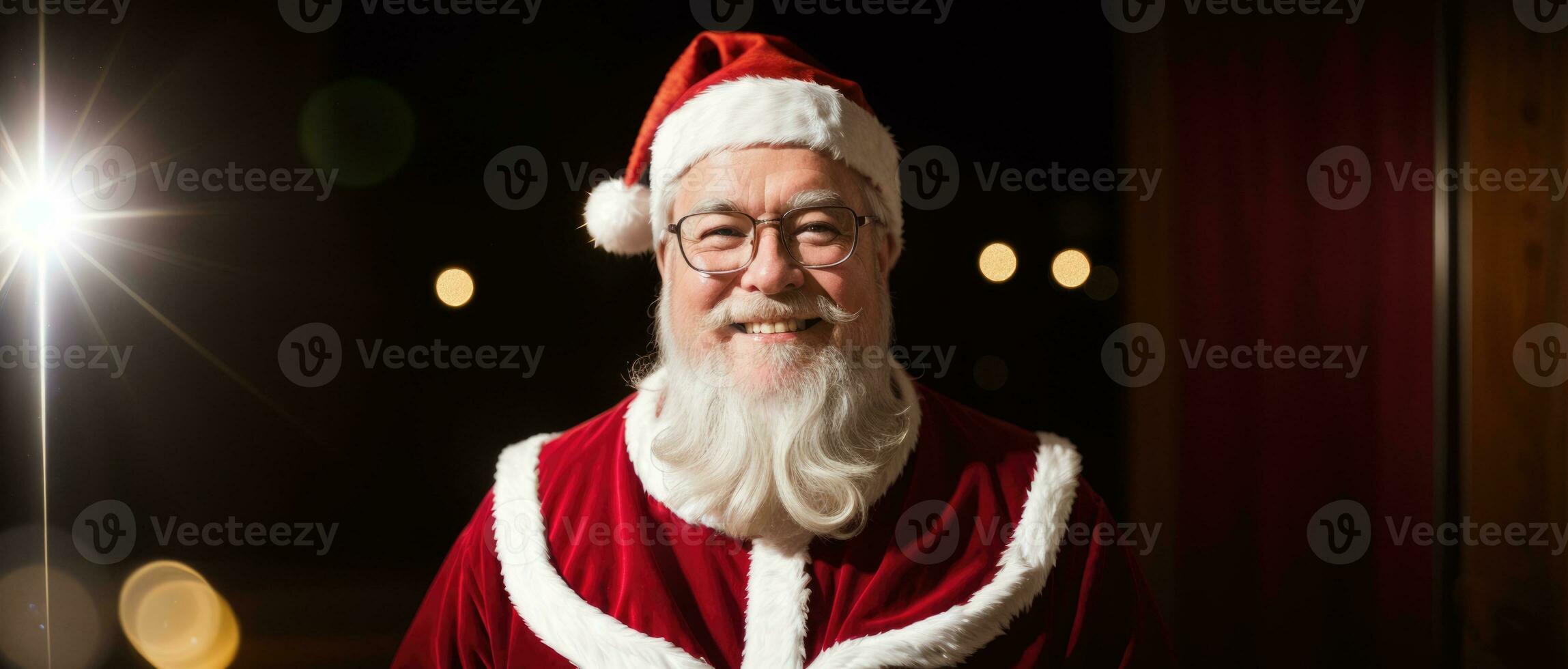 Papa Noel sonriente en Navidad con regalos y Navidad árbol, ai generado foto