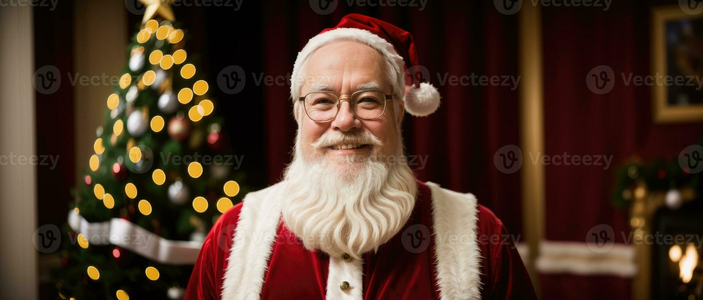 Papa Noel sonriente en Navidad con regalos y Navidad árbol, ai generado foto