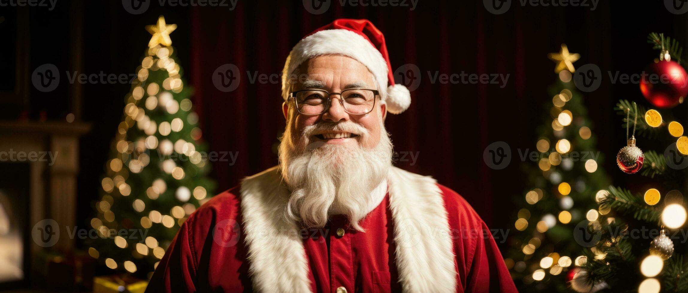 Papa Noel sonriente en Navidad con regalos y Navidad árbol, ai generado foto