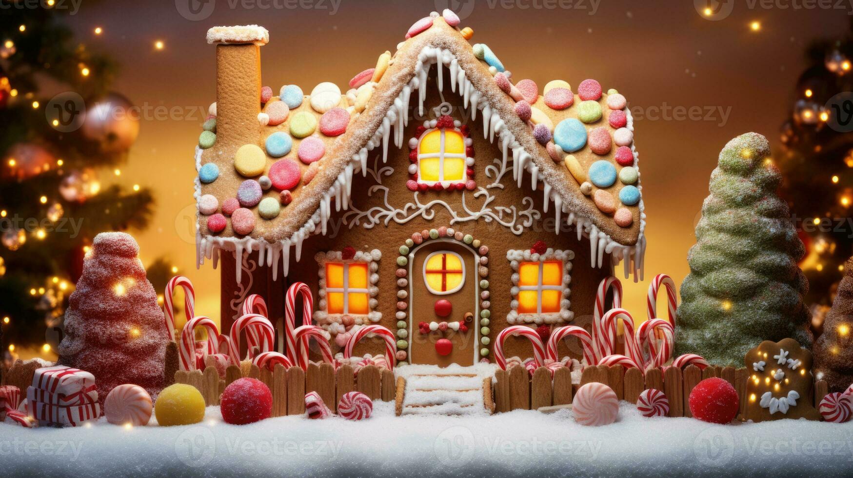 pan de jengibre casa con Navidad decoración Navidad fiesta dulces, generativo ai foto