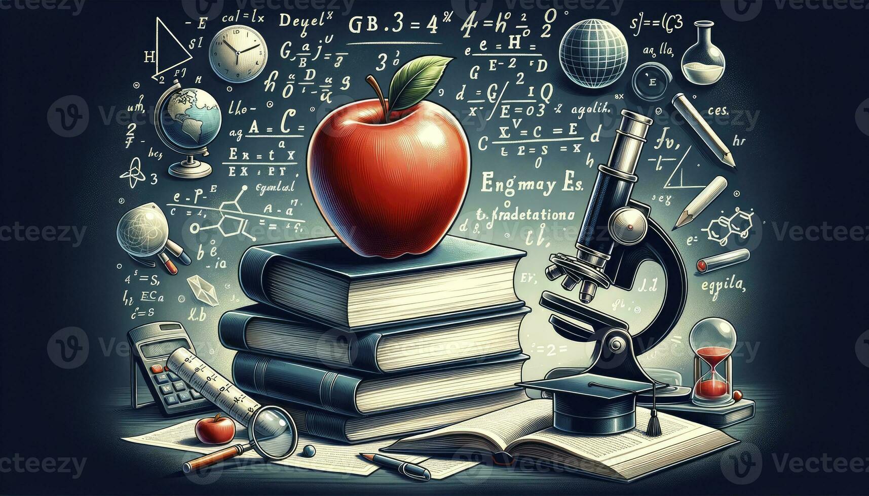 An illustration portraying a classic school setting with notable educational symbols such as an apple on books, a blackboard, a globe, a microscope, and a graduation cap. AI Generated photo