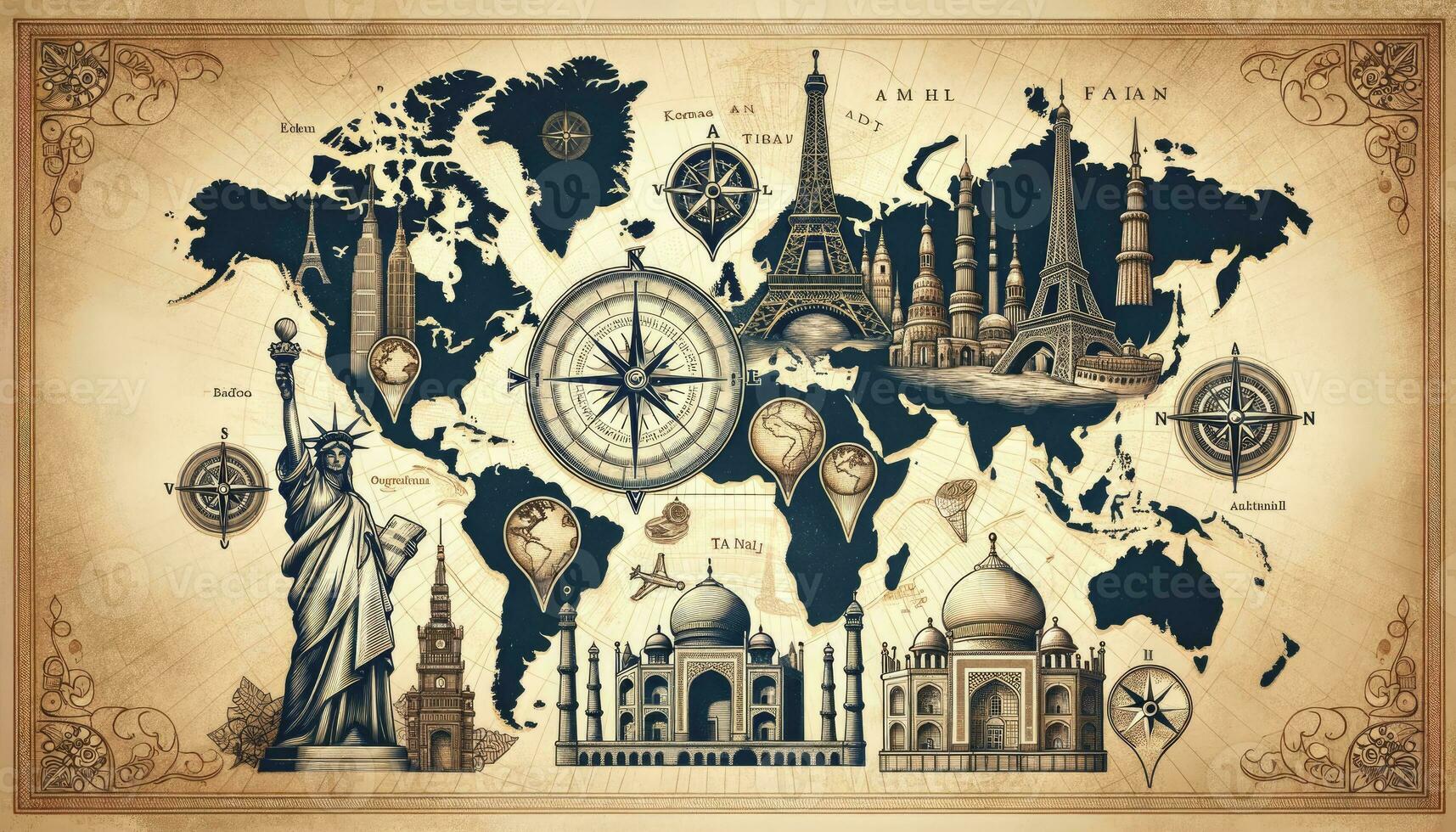 A vintage world map illustration, highlighting iconic landmarks from around the world, representing the allure and adventure of global travel. AI Generated photo