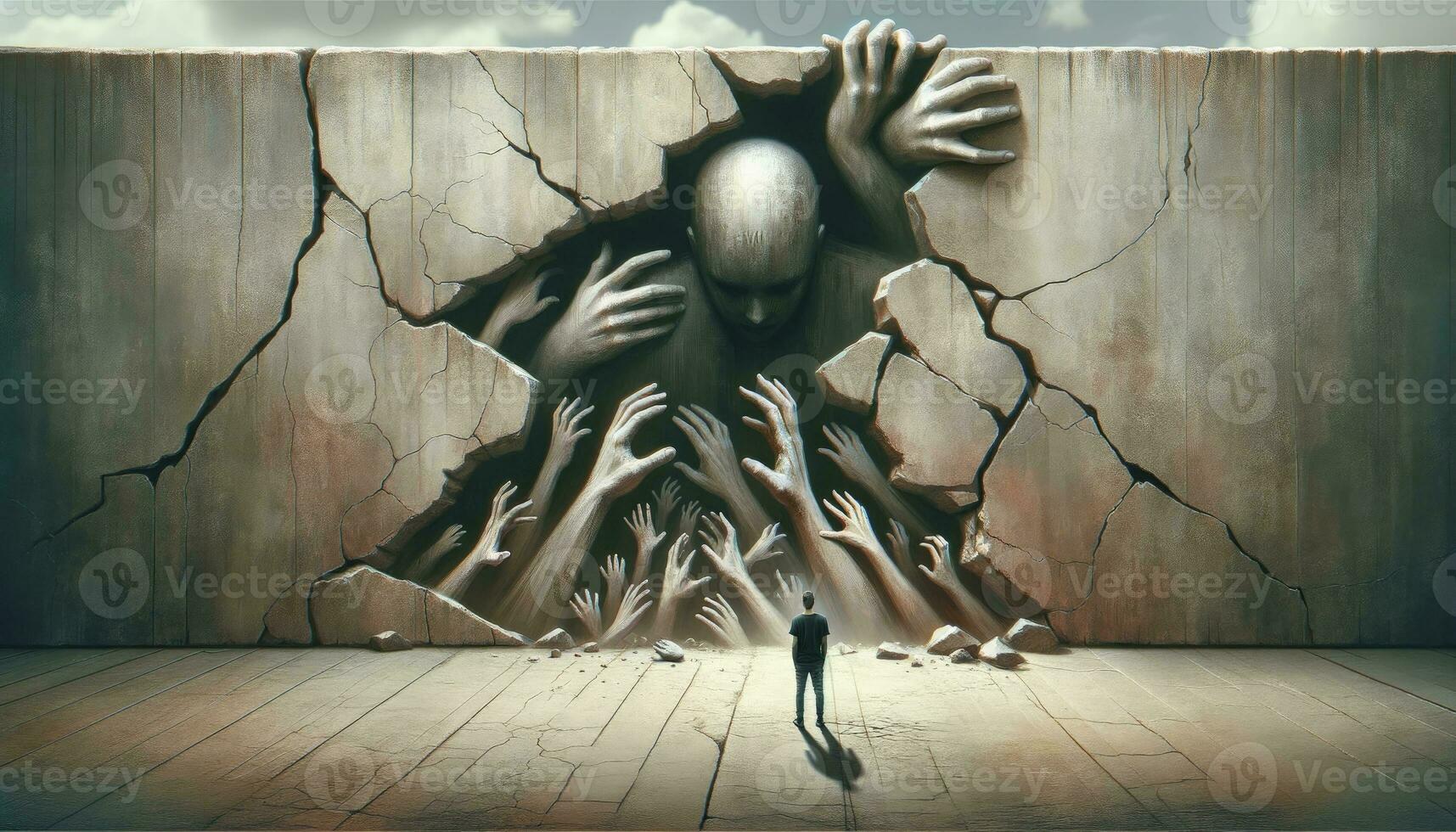An evocative art piece showcasing a figure standing at the base of a massive wall with cracks and hands reaching out, symbolizing the overwhelming feelings and challenges of depression. AI Generated photo
