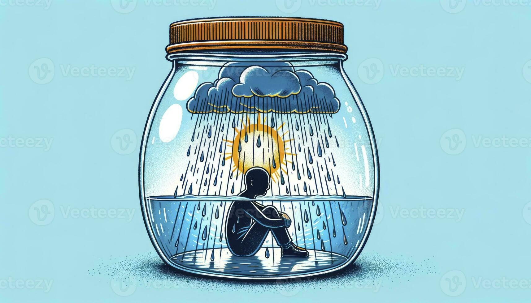 An illustration depicting the feeling of isolation and entrapment, symbolized by a person trapped inside a glass jar with rain pouring inside, while the world outside remains sunny. AI Generated photo