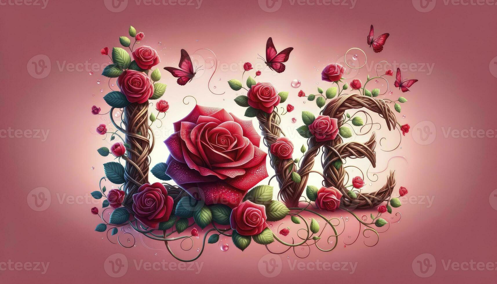 Illustration of the word 'LOVE' crafted from intertwined rose vines, blossoming with vibrant red roses. AI Generative photo