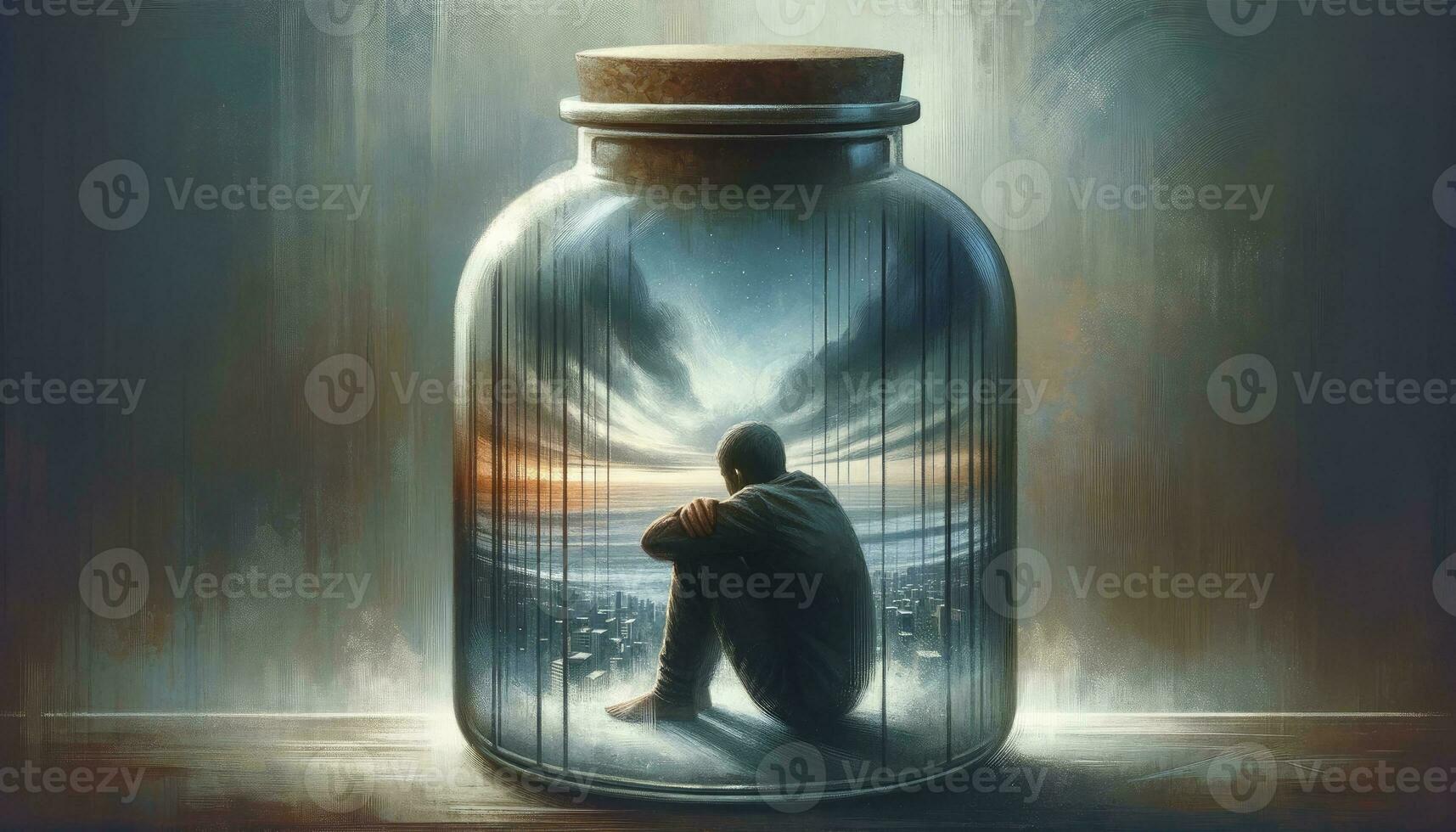 An artwork showcasing a person trapped inside a glass jar, emphasizing feelings of confinement, isolation, and the emotional weight of depression. AI Generated photo