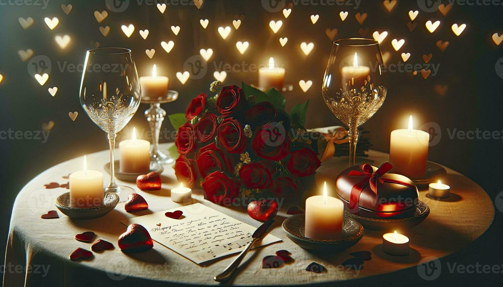 A candlelit dinner table adorned with Valentine's Day essentials like red roses, and wine. A handwritten love letter and soft music notes in the background further enhance the mood. AI Generative photo