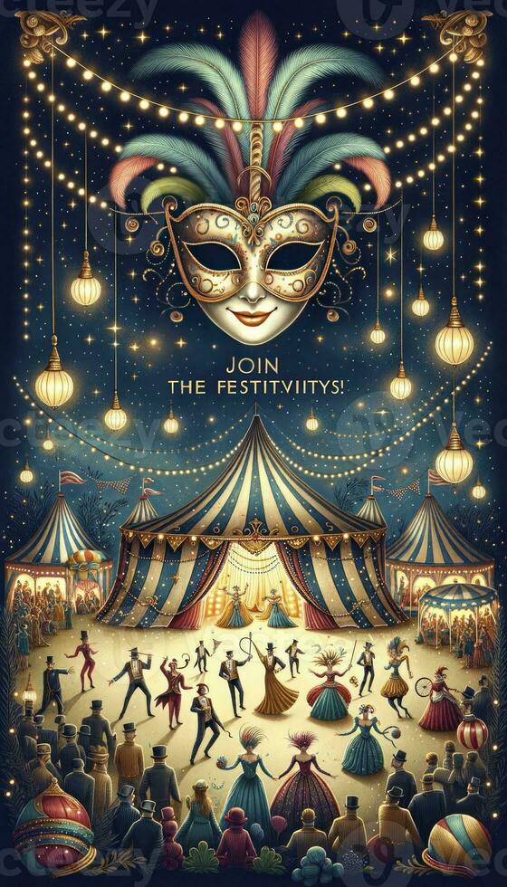 An illustration-based poster featuring a whimsical circus tent, entertainers, and a magnificent Venetian mask, inviting viewers to Join the Festivities. AI Generative photo