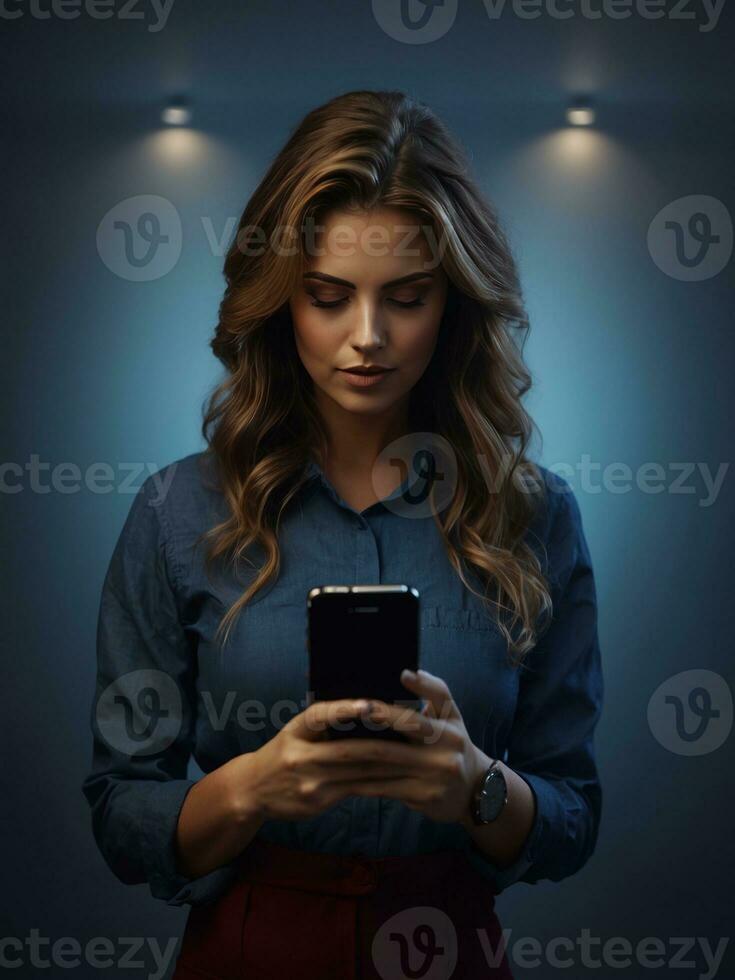 women using phone in dark blue background generative ai photo