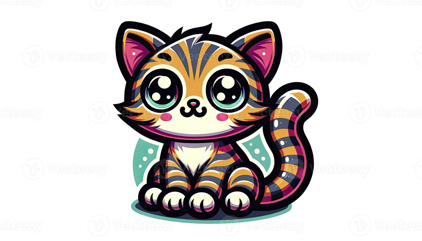Clipart of a cute cartoon cat with big round eyes, striped fur, and a playful expression. The design is outlined in black with vibrant colors filling in the details. AI Generated photo