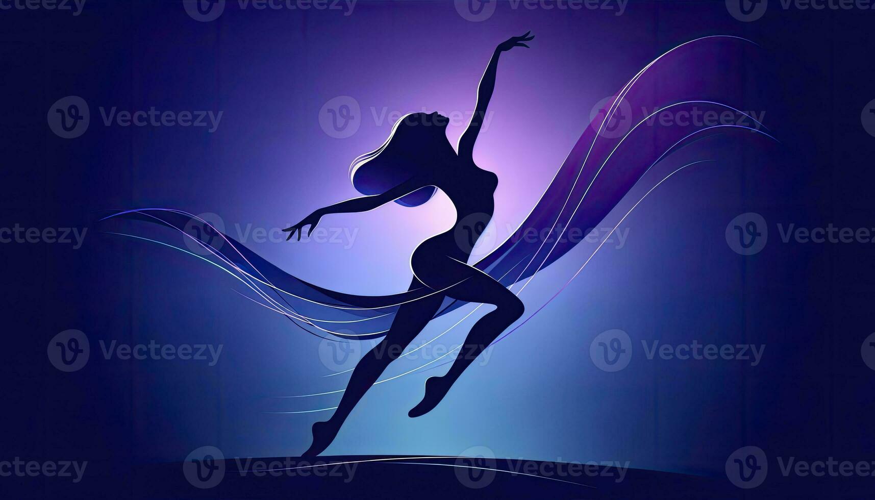 A silhouette of a dancer captured in a graceful pose against a gradient background. AI Generated photo