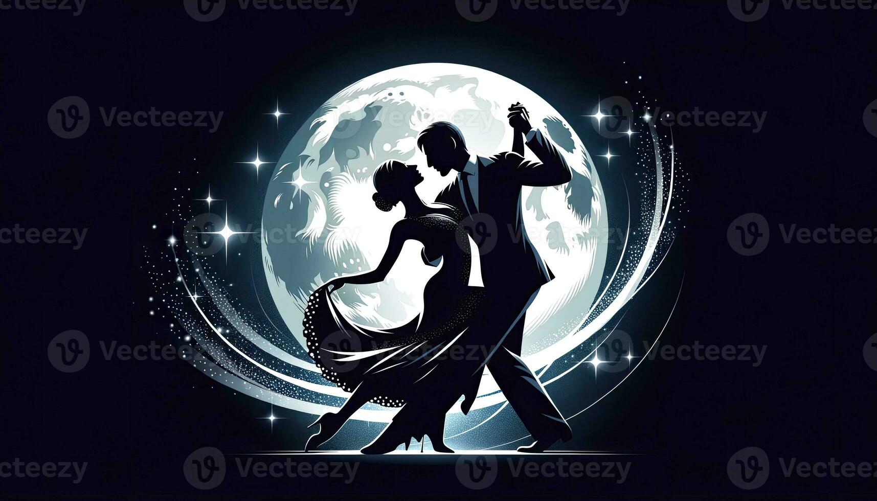 An illustration depicting the silhouette of a dancing couple, gracefully intertwined in a dance, set against a shimmering moon and twinkling stars. AI Generated photo