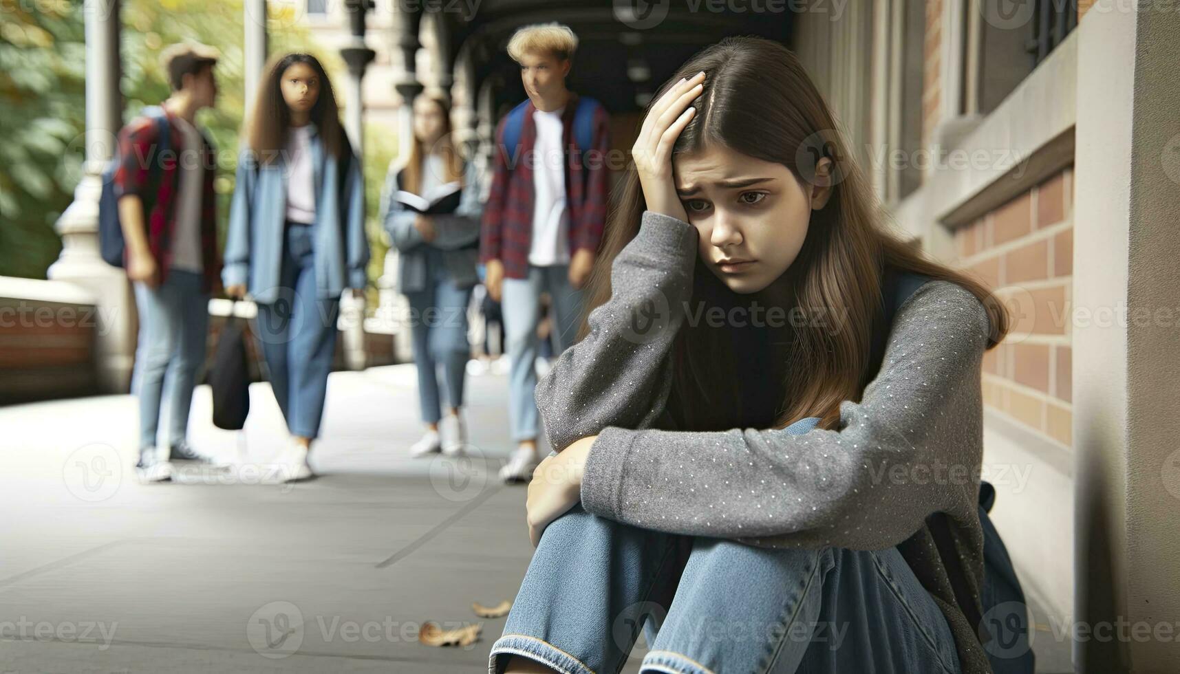 A photo of a young girl on a college campus, visibly upset and distressed, sitting on the floor and holding her head amidst the bustling environment. AI Generated