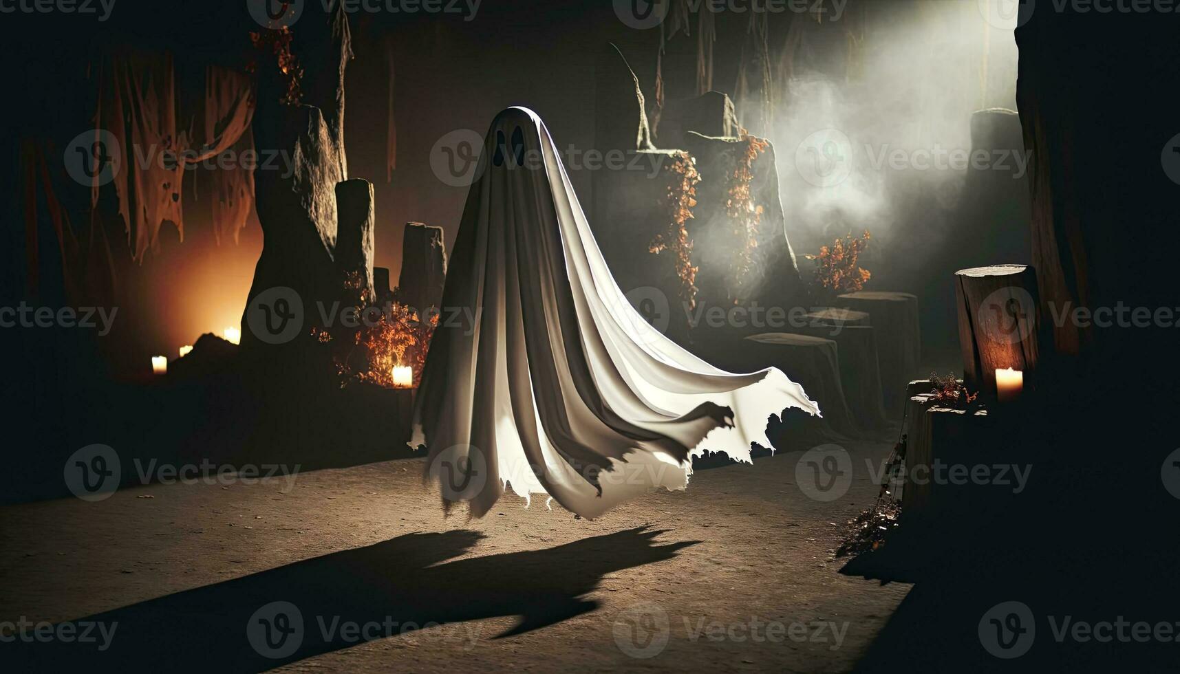 Halloween setting with a ghostly figure emerging from the shadows. The ghost, crafted from white flowing fabric, creates an eerie silhouette against the dimly lit surroundings. AI Generative. photo