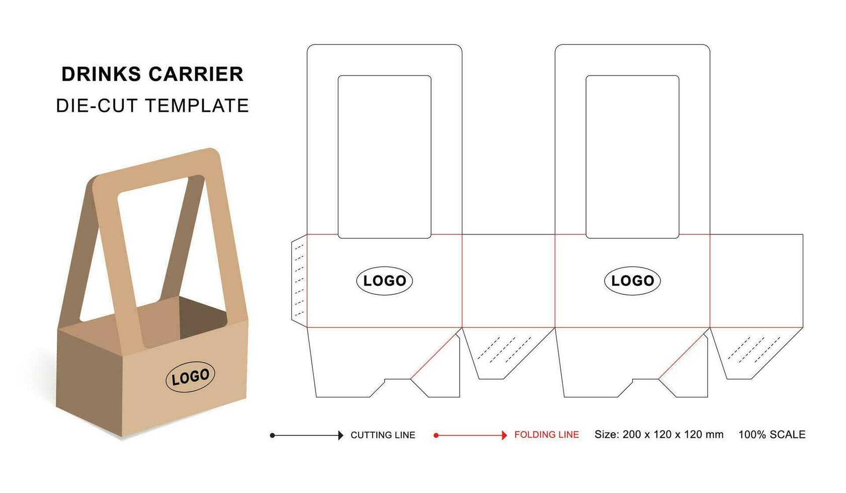 Drinks carrier box die cut template, Handle box template vector