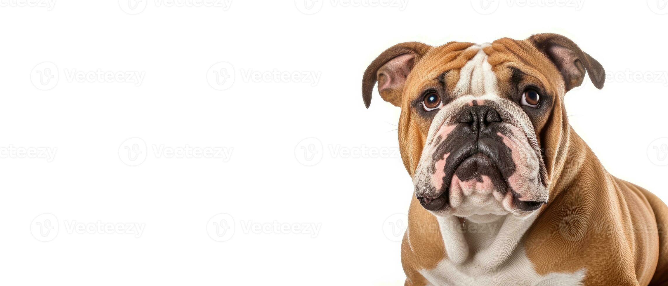 British Bulldog on white background with coy space, dog portrait, AI generated photo