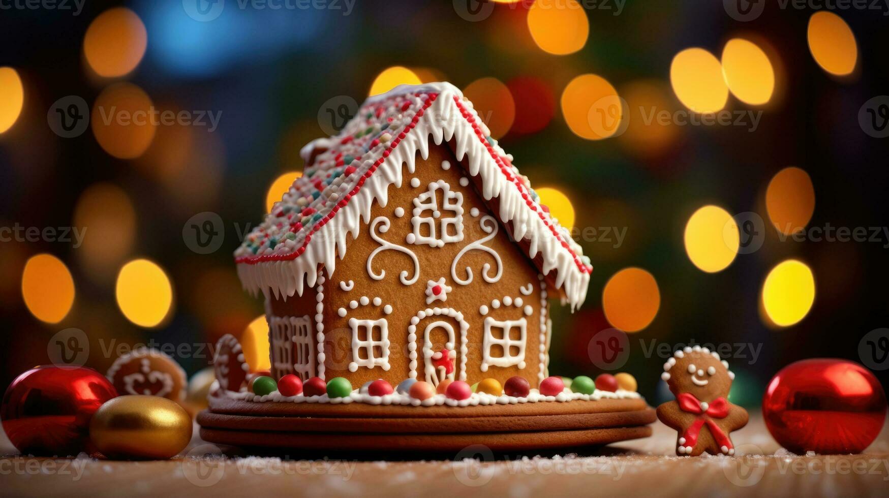 pan de jengibre casa con Navidad decoración Navidad fiesta dulces, generativo ai foto