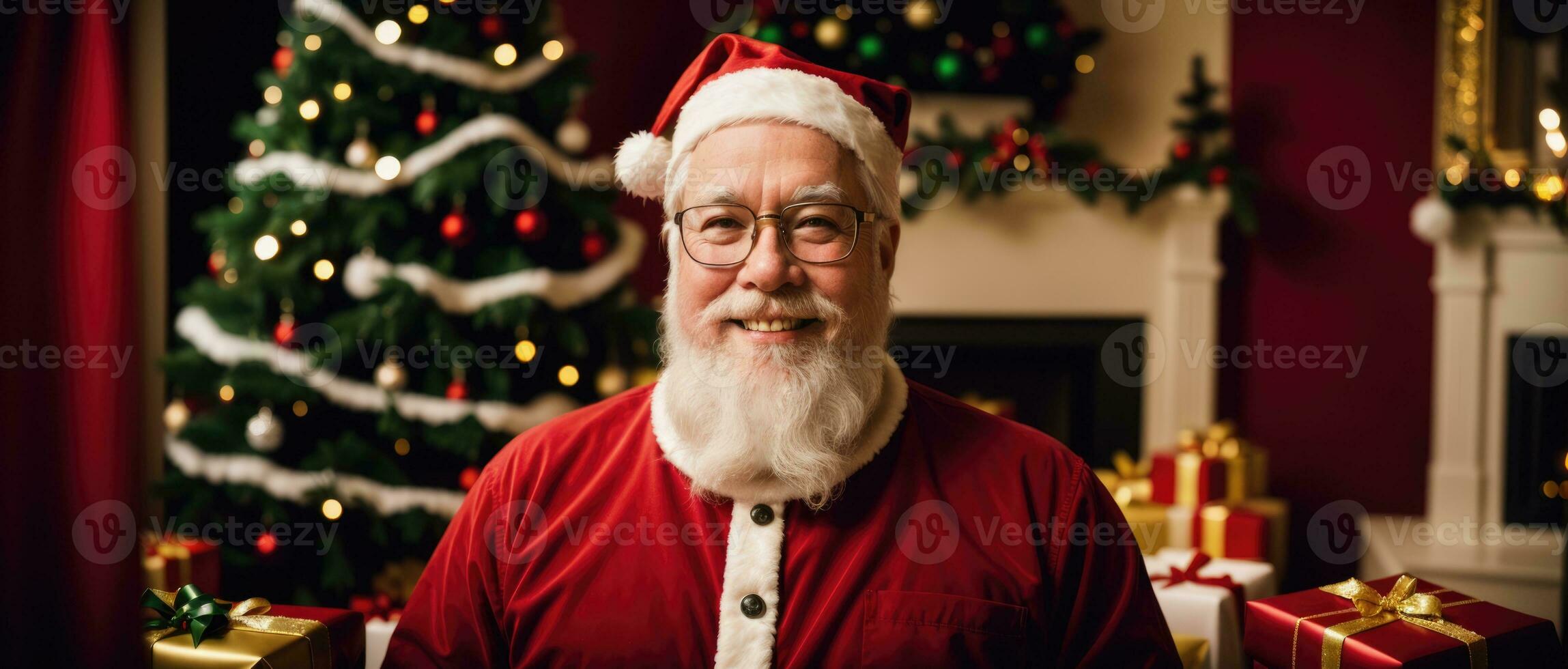 santa smiling in christmas with gifts and xmas tree, ai generated photo
