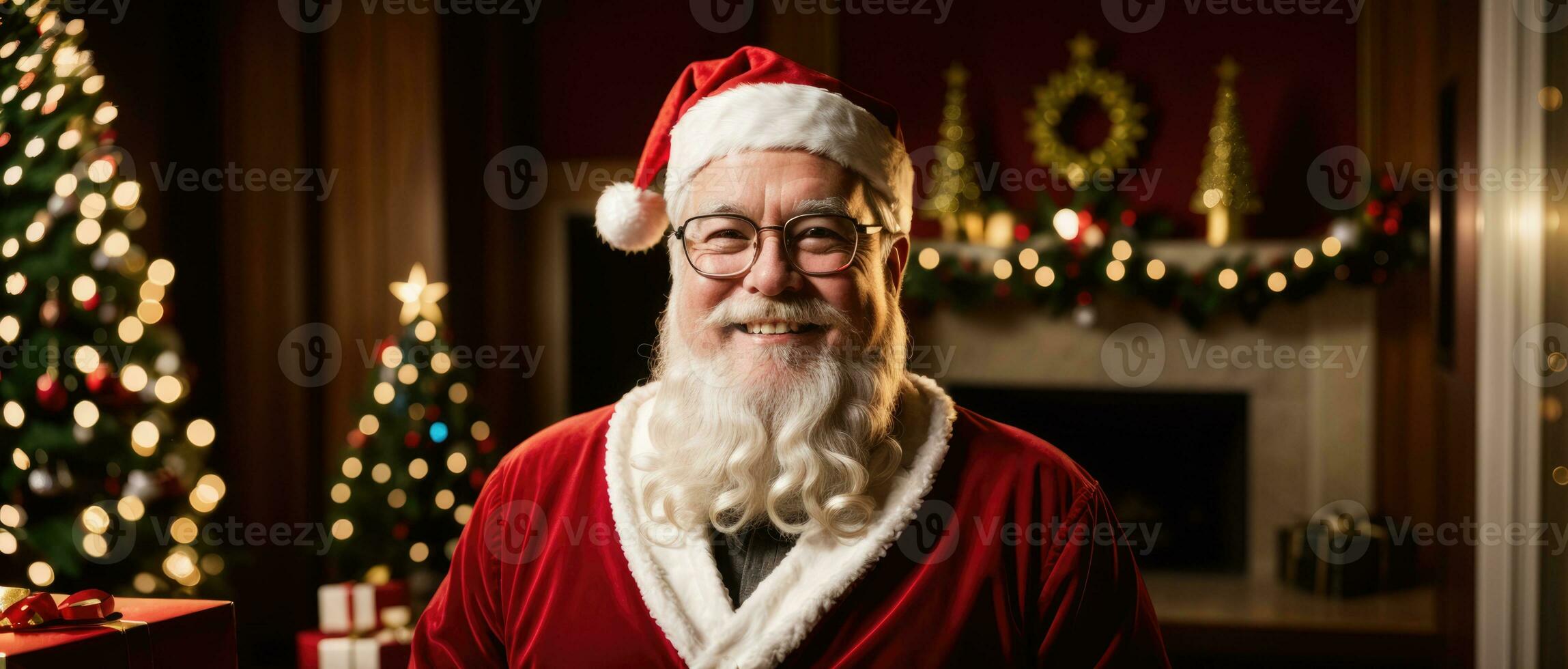 santa smiling in christmas with gifts and xmas tree, ai generated photo