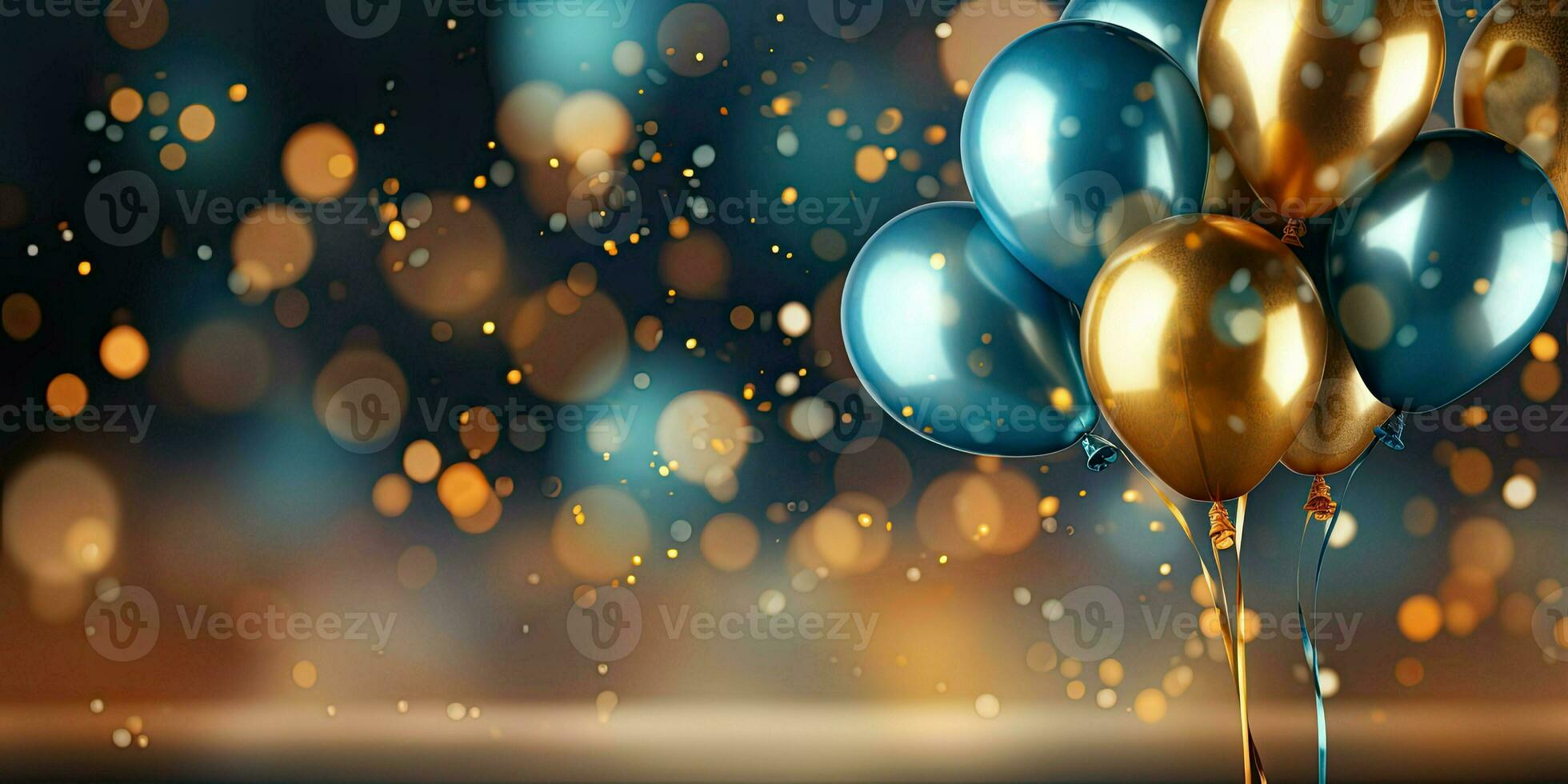 Realistic Festive background with golden and blue balloons falling confetti blurry background and a bokeh lights, AI Generative photo