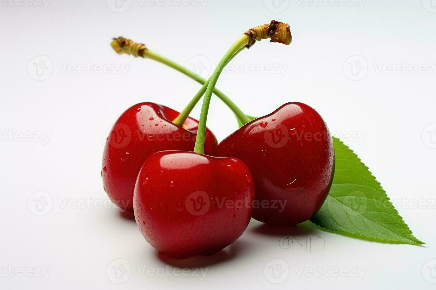 Pair of sweet cherry fruits with stems, AI Generative photo