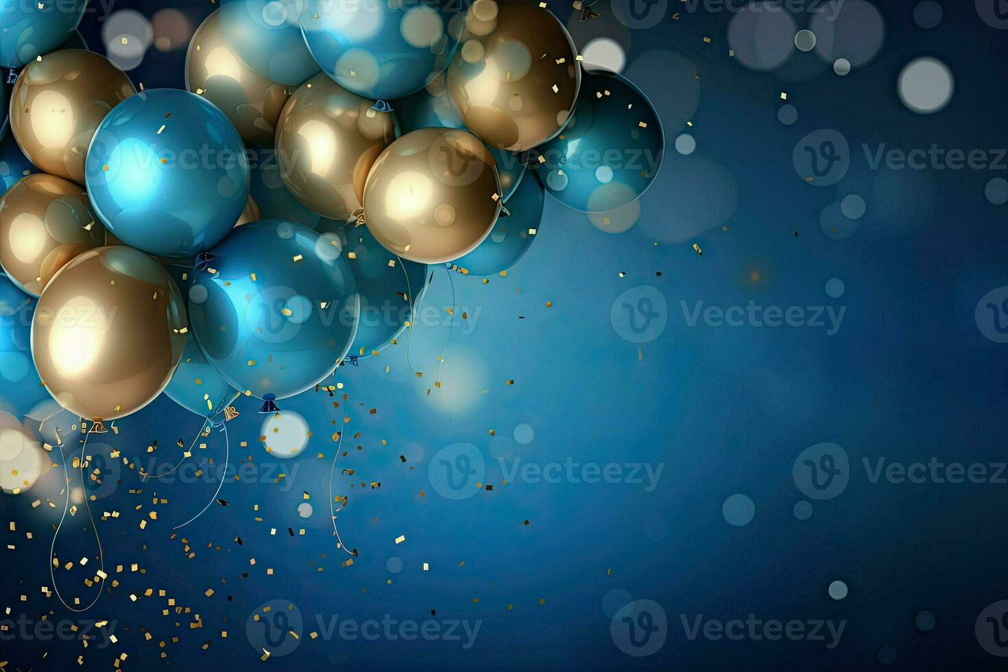 Realistic Festive background with golden and blue balloons falling confetti blurry background and a bokeh lights, AI Generative photo