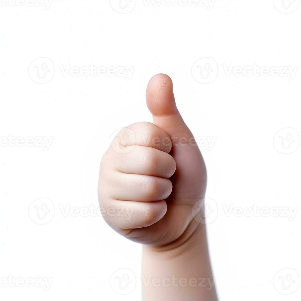 Baby hand thumbs up, Approval thumbs up like sign, caucasian child hand gesture, AI Generative photo