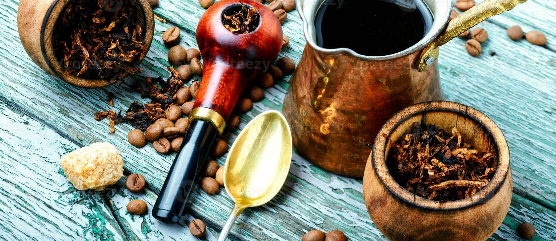 Smoking pipe and coffee photo