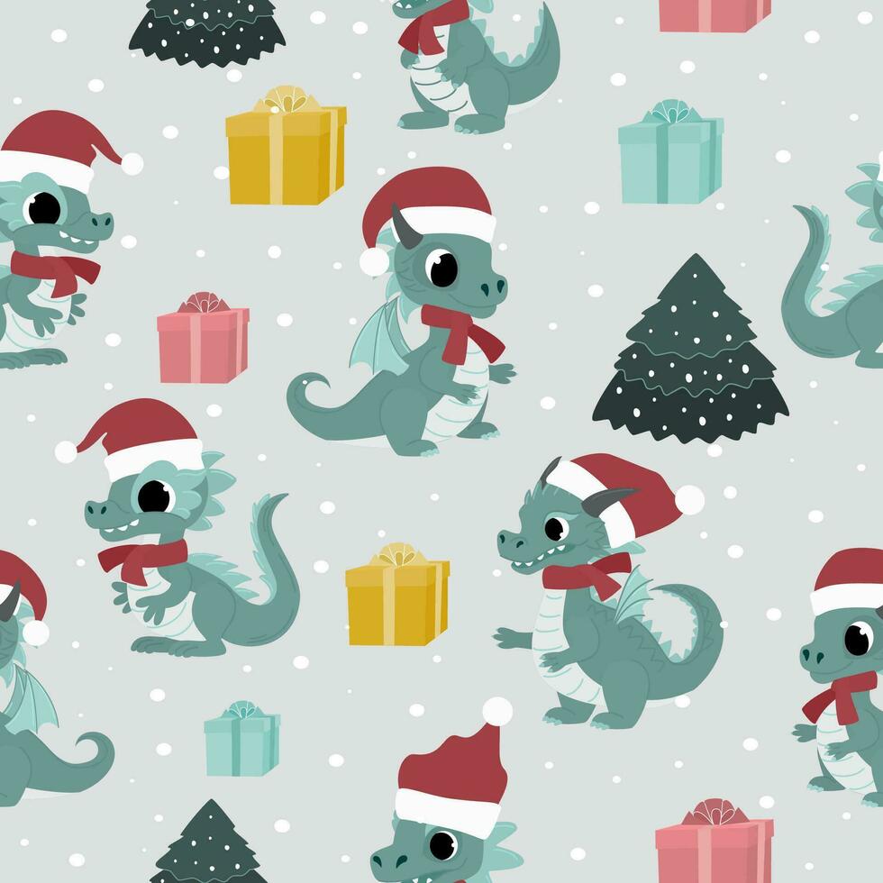 Seamless pattern with New Year's dragons in Santa Claus hats, Christmas tree, gifts. Vector illustration.