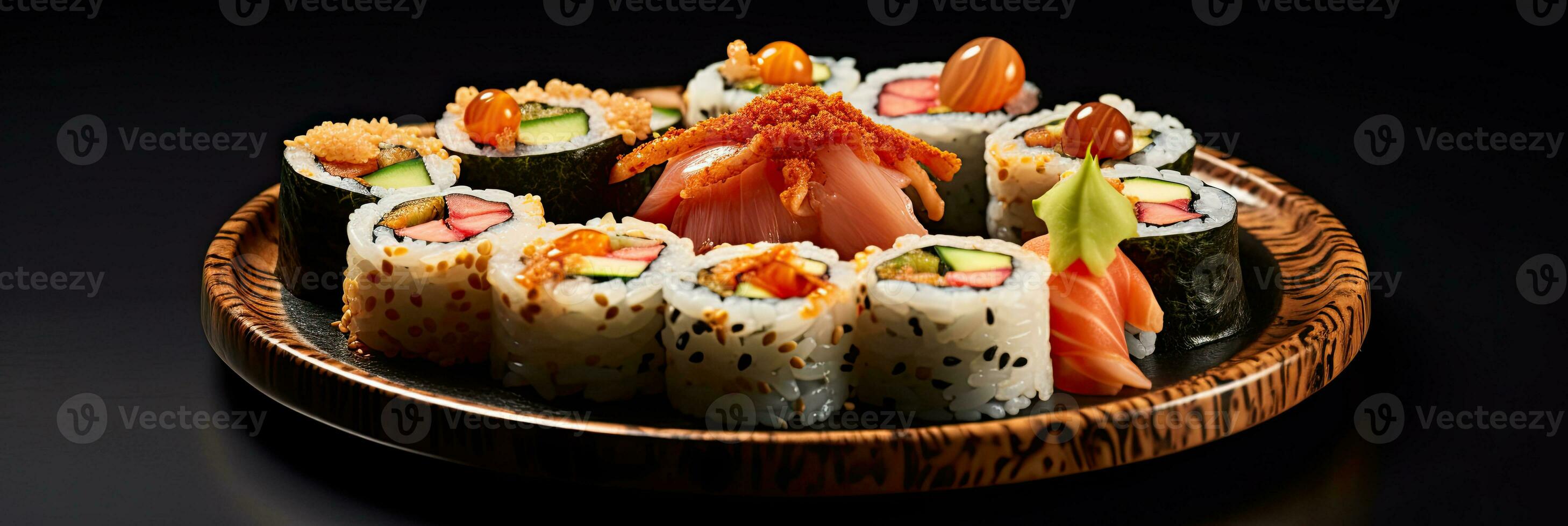 Crunchy maki o a sushi plate in restaurant. Japanese food. Generative Ai photo