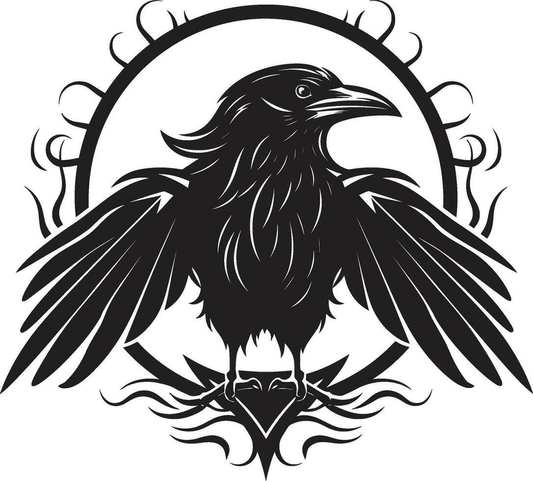 Black Crow Graphic Icon Raven Silhouette Monochrome Badge vector