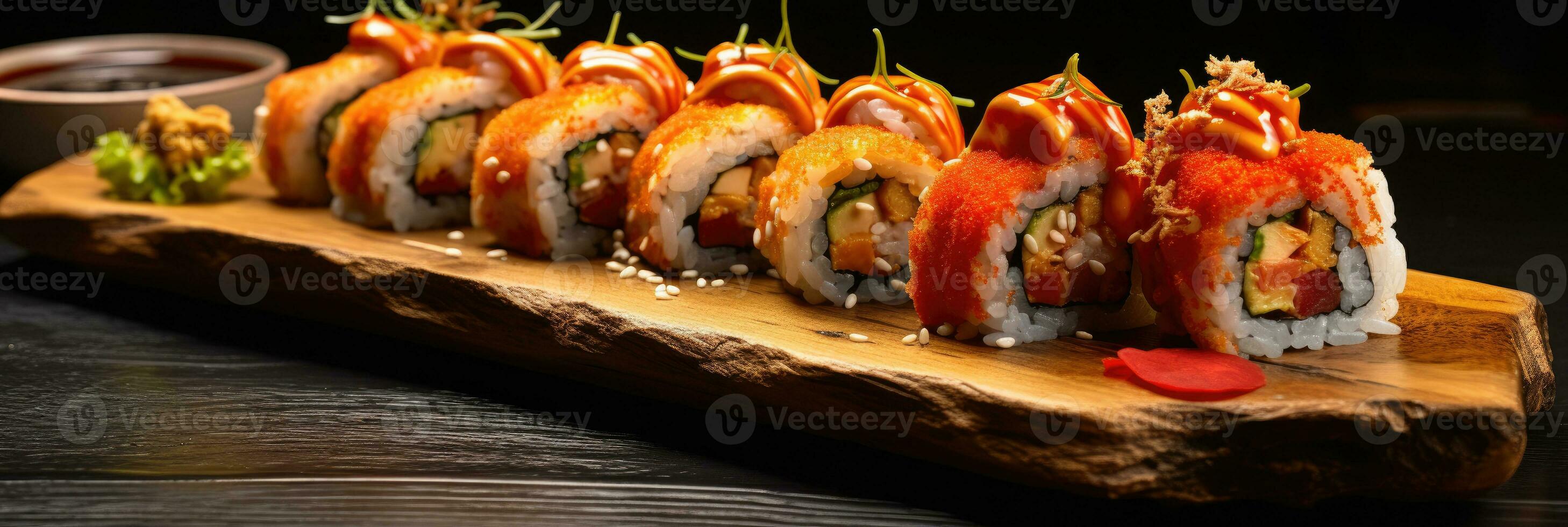 Crunchy maki o a sushi plate in restaurant. Japanese food. Generative Ai photo